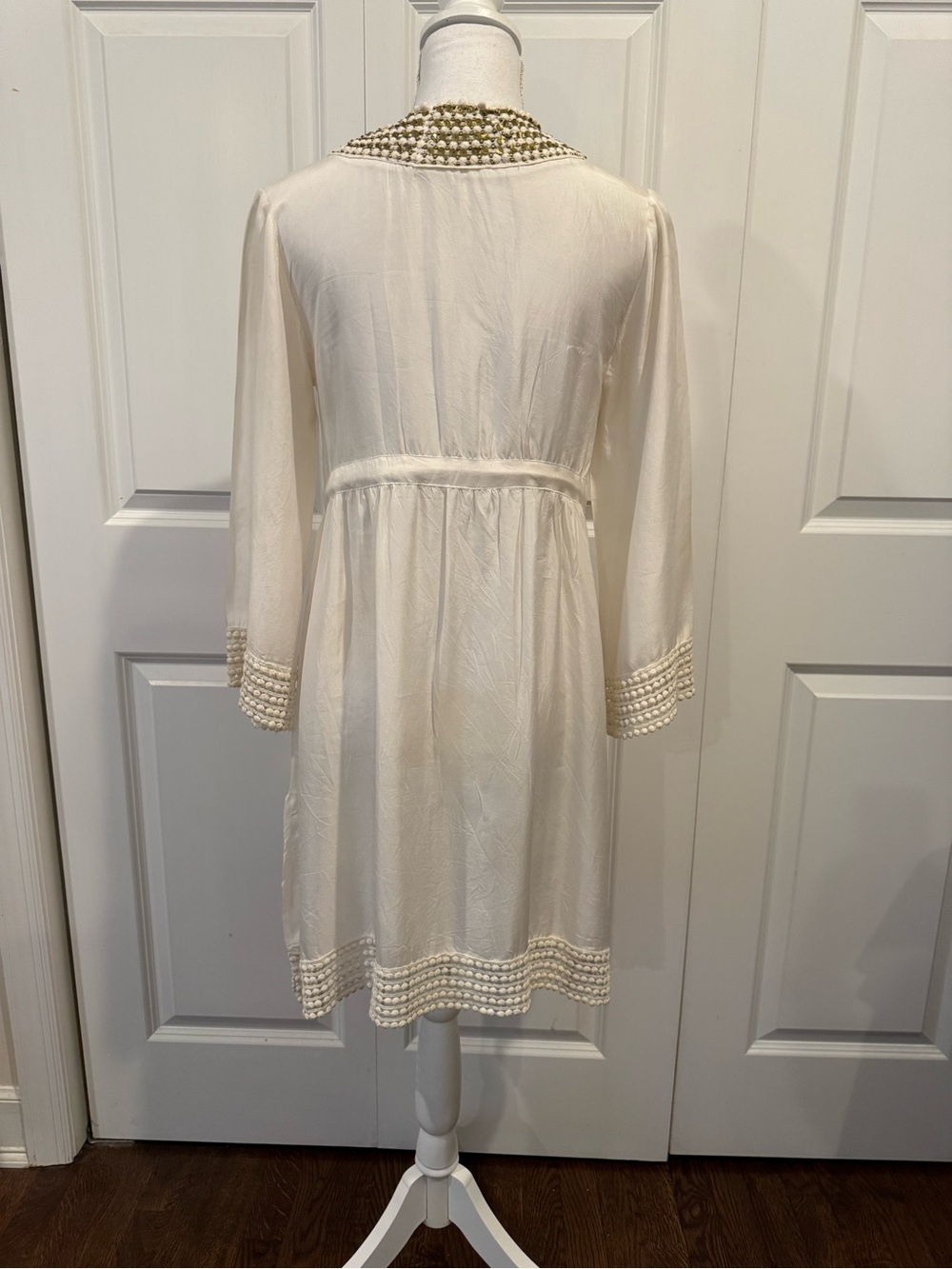 DESPI 100% Silk Beaded Swim Cover Up Tunic Dress Ivory Resort Boho Size M - Picture 6 of 15